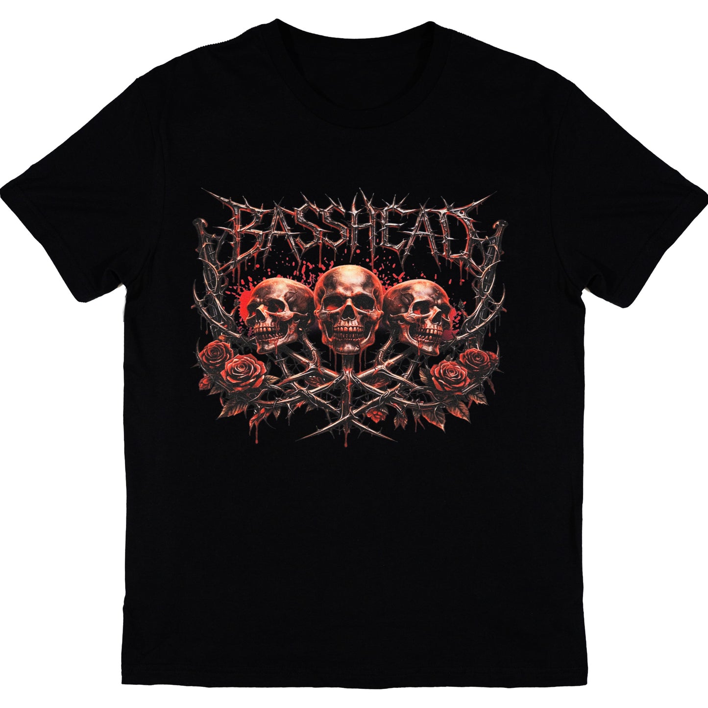 A black short-sleeve crewneck t-shirt featuring a graphic print of three skulls, red roses, crossed swords, and the word 'BASSHEAD' in a spiky metallic font across the chest.