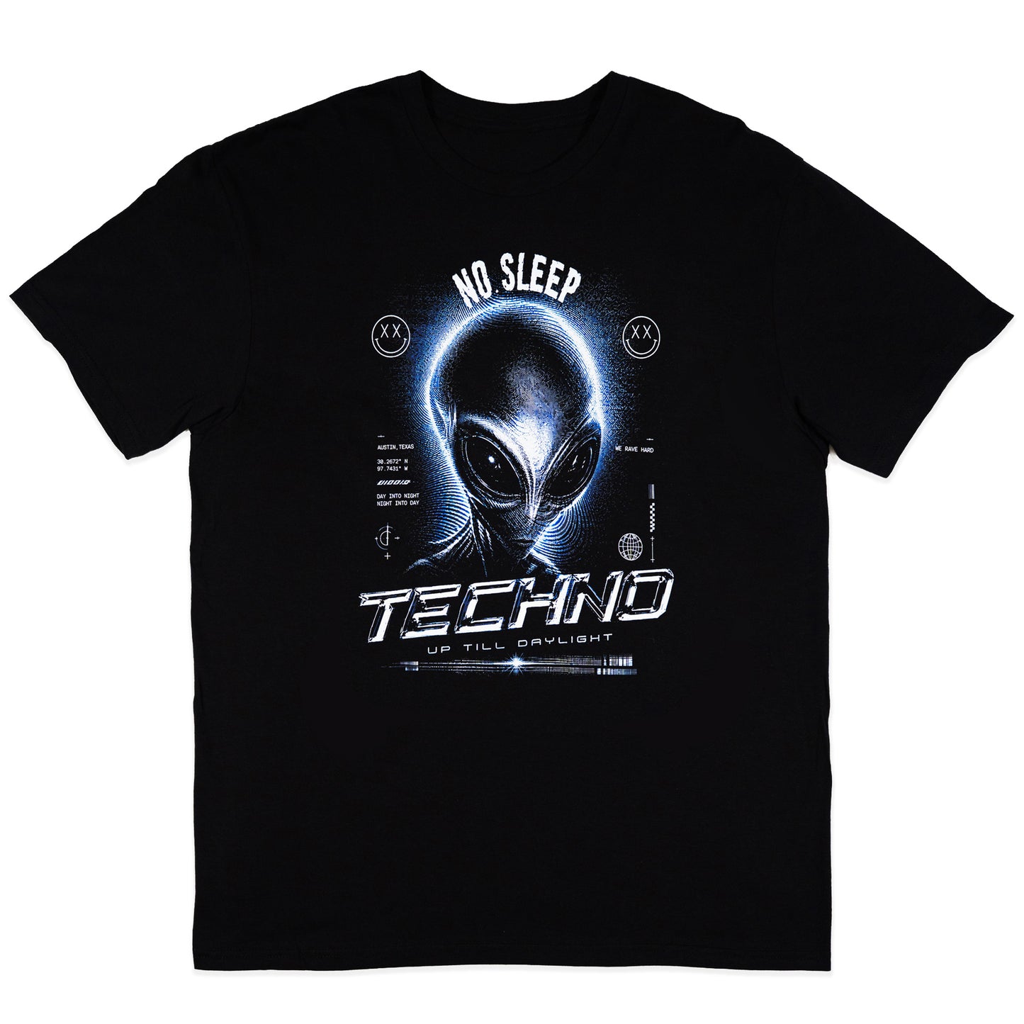 A black short-sleeve crewneck t-shirt featuring a graphic print of a glowing blue alien head with the text 'NO SLEEP', 'TECHNO', and 'UP TILL DAWN' on a white background.