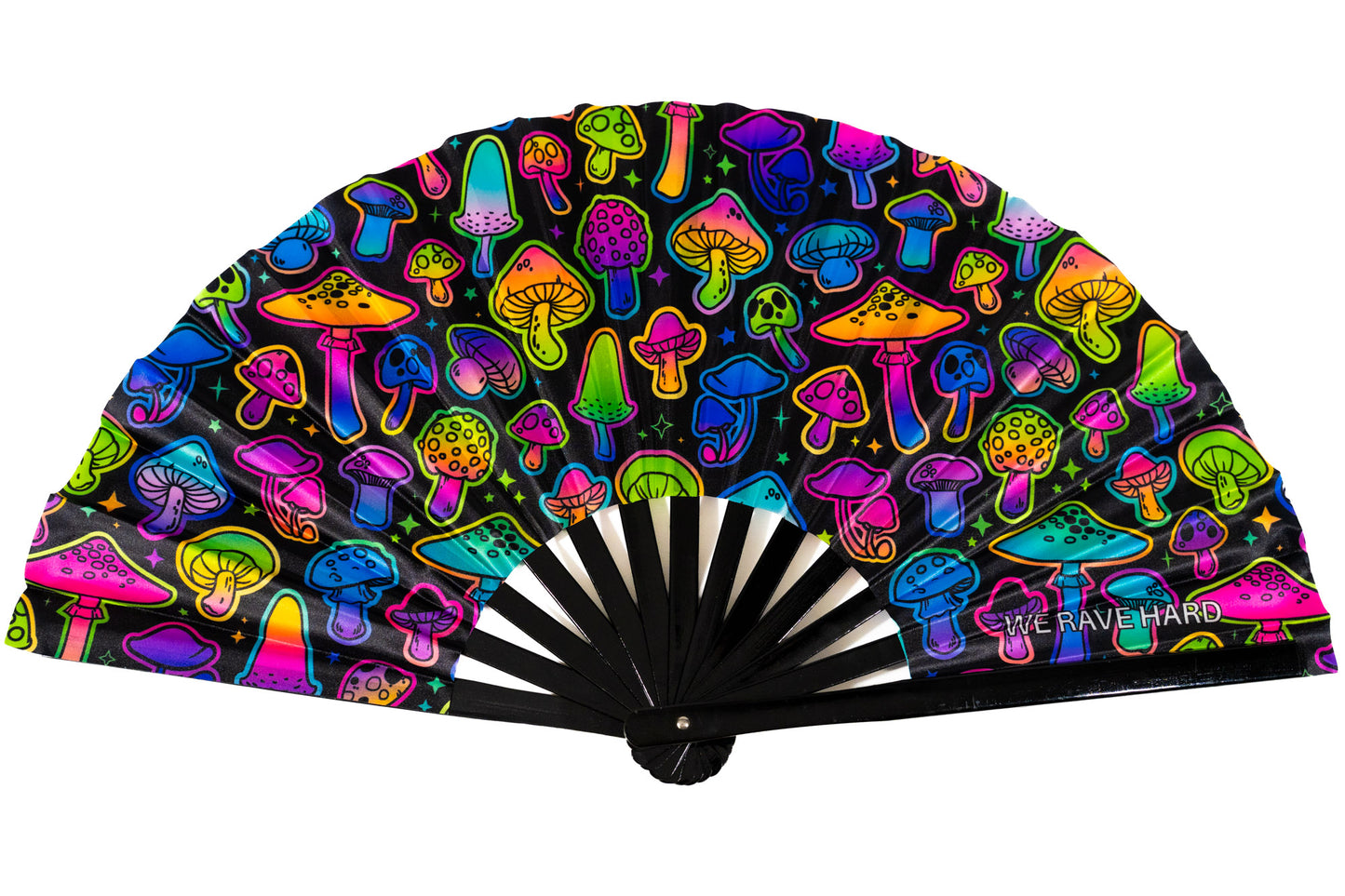 A folding hand fan with a black background covered in a colorful neon mushroom pattern, featuring black ribs and the text 'WE RAVE HARD' printed on the lower right edge.