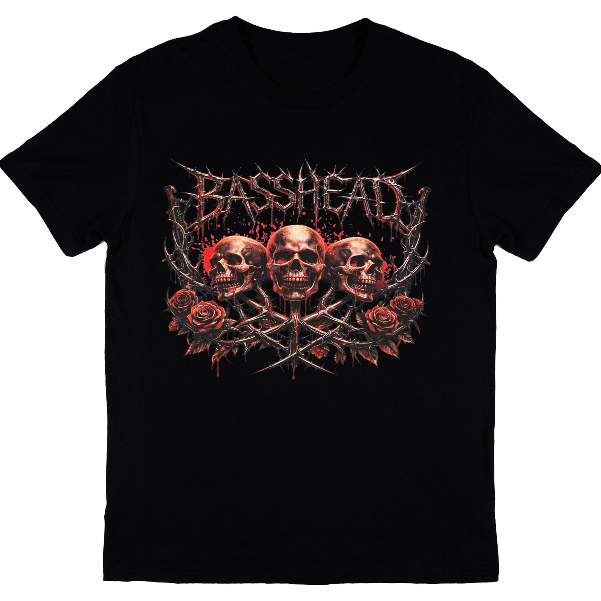 A black short-sleeve crewneck t-shirt featuring a graphic print of three skulls, red roses, crossed swords, and the word 'BASSHEAD' in a spiky metallic font across the chest.