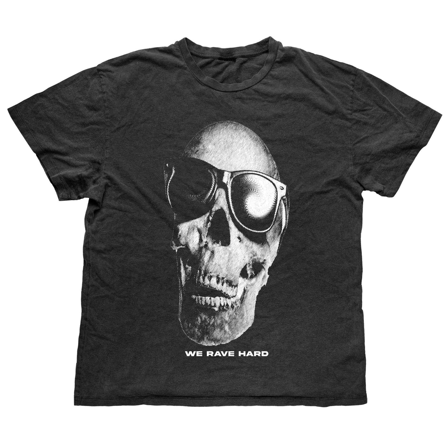 Black crew neck t-shirt with a graphic of a skull wearing sunglasses and the text 'WE RAVE HARD' on the front.