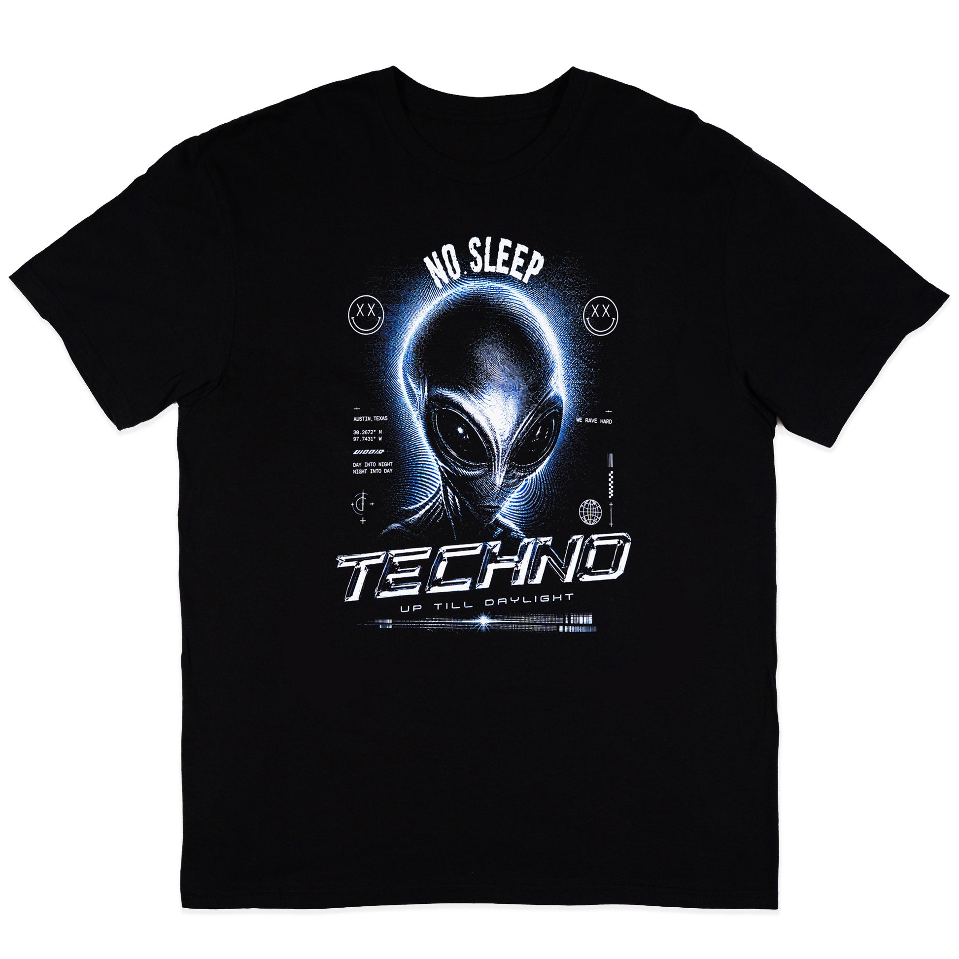 A black short-sleeve crewneck t-shirt featuring a graphic print of a glowing blue alien head with the text 'NO SLEEP', 'TECHNO', and 'UP TILL DAWN' on a white background.