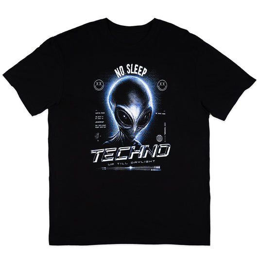 A black short-sleeve crewneck t-shirt featuring a graphic print of a glowing blue alien head with the text 'NO SLEEP', 'TECHNO', and 'UP TILL DAWN' on a white background.